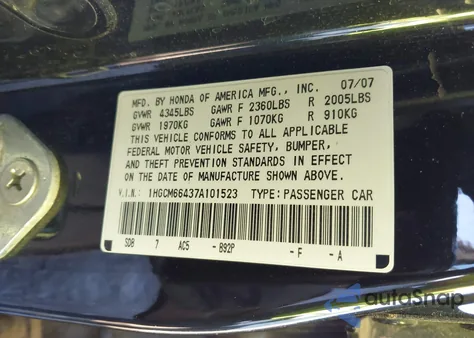 2007 Honda Accord 3.0 Se из США, поврежденный, VIN 1HGCM66437A101523